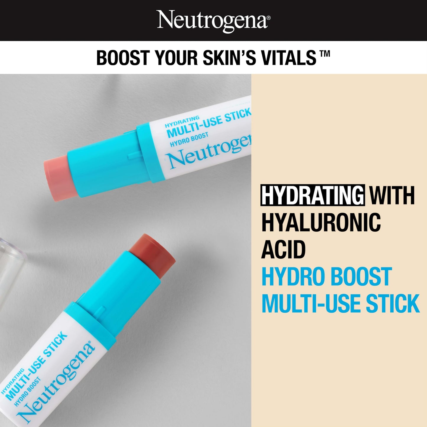 Neutrogena Hydro Boost Hydrating Multi-Use Makeup Stick with Hyaluronic Acid, Gentle Multi-Use Colored Makeup Balm to Brighten Lips, Cheeks & Eyes, Non-Comedogenic, Temptation, 0.26 oz