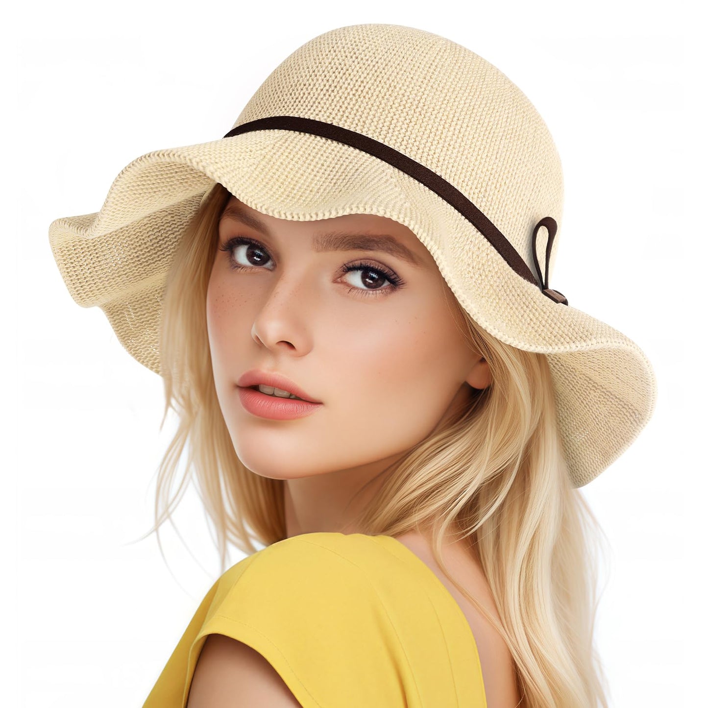 Sun Beach Hats Summer for Women, UPF 50+ UV Sun Protection Wide Brim Woven Crochet Hat Foldable Packable Roll up Knitted Cap, Beige
