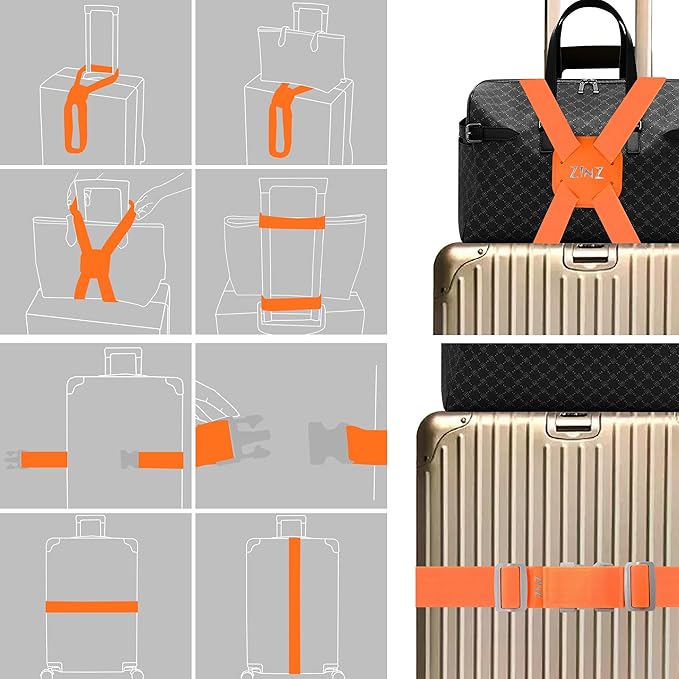 2-Pack Elastic Luggage Straps with Suitcase Bungee, Adjustable Bag Belt Travel Accessories -Orange