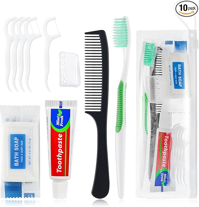 10 Set Personal Care Travel Toiletries Sets Bulk,7-in-1 Disposable Toothbrushes with Toothpaste and Floss,Comb,Soap,Cover,Zip Bag Toiletry Travel Toothbrush Kit for Homeless,Hotel,Charity