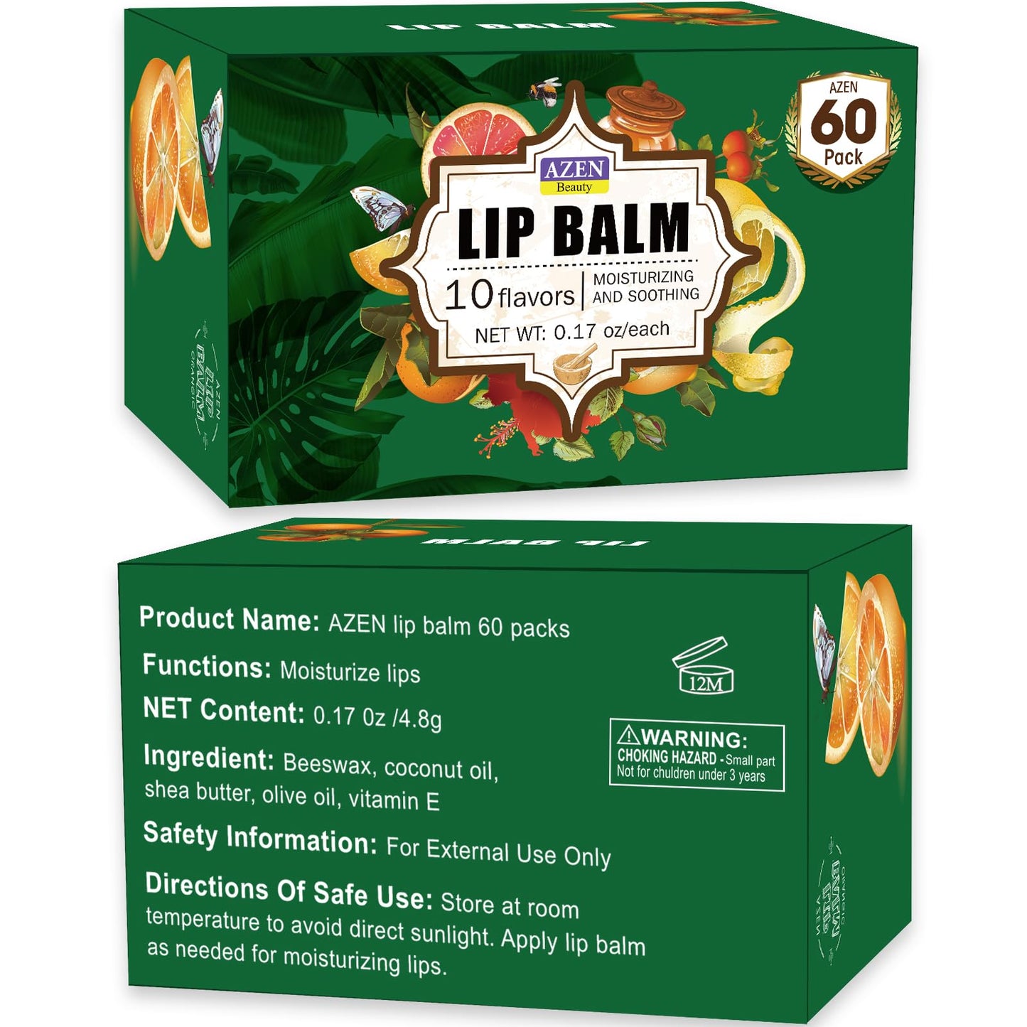 AZEN 60 Pack Natural Lip Balm, Moisturizing Lip Care Product for Dry Cracked Lips (C-60) - 10 Flavors