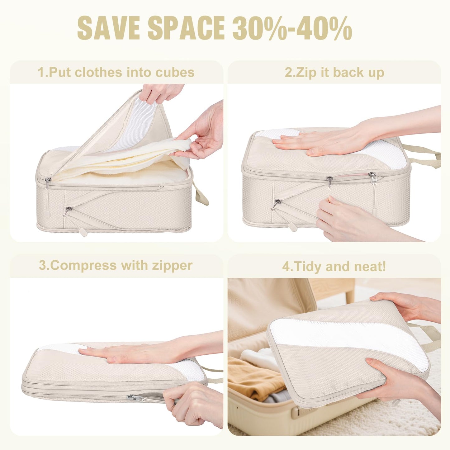8 Set Compression Packing Cubes Travel, Expandable Travel Cubes for Carry on Luggage, Suitcase Organizer Compression Bags for Travel Essentials, Beige
