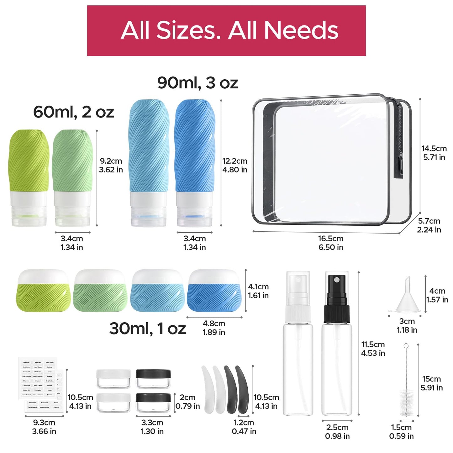 23 Pack TSA Approved Travel Bottles for Toiletries, Leak Proof Refillable Travel Size Containers Kit with Silicone Squeezable Bottles Jars for Shampoo Lotion Conditioner, in Clear Bag, Blue