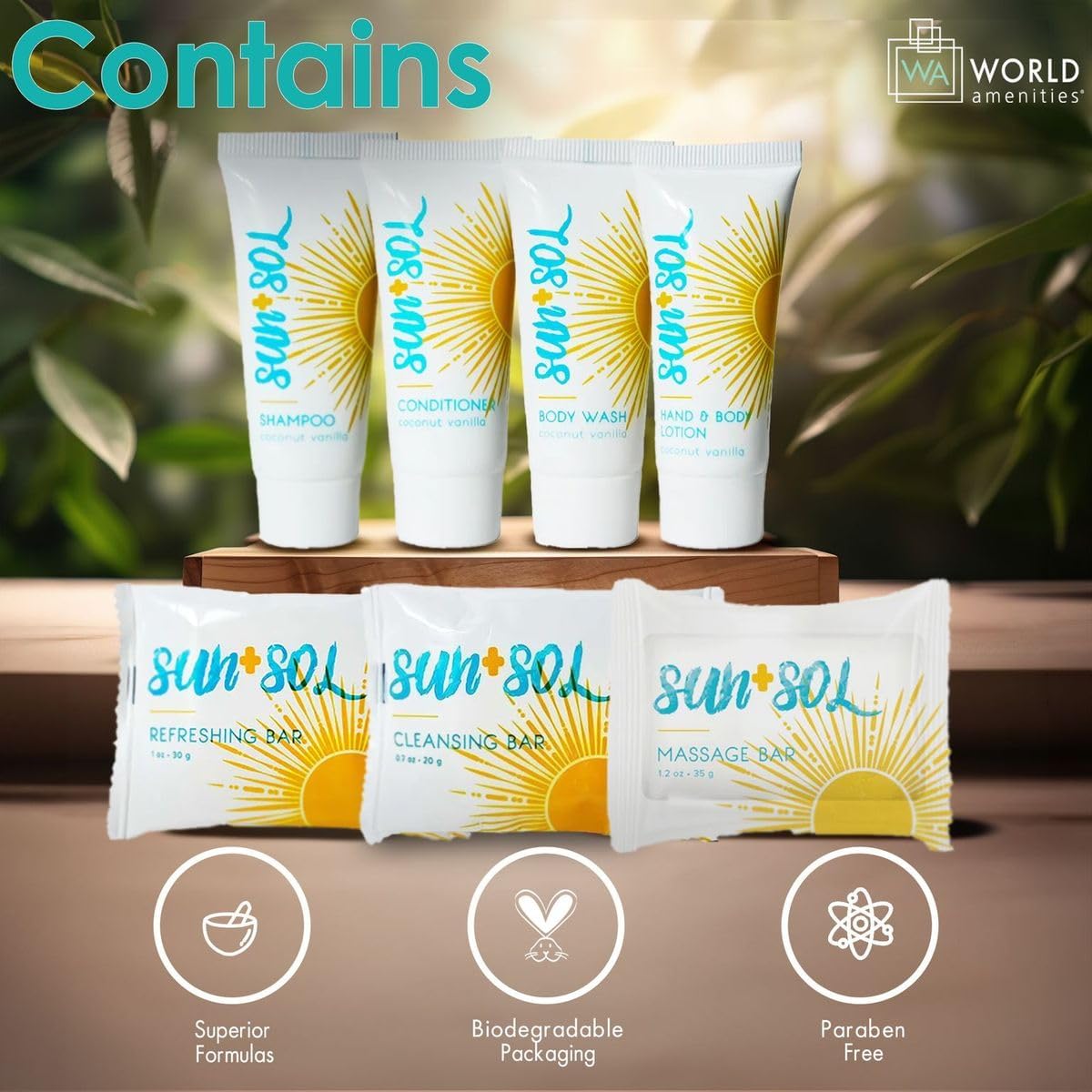 World Amenities - Sun + Sol Mini Size Hotel Toiletries Bathroom Kit | Warm Coconut & Vanilla | Shampoo, Conditioner, Body Wash, Lotion, Cleansing Bar, Refreshing Soap Bar and Moisturizing Massage Bar