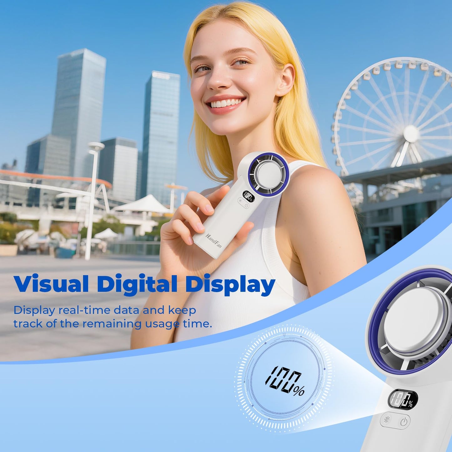 HandFan 5200mAh Portable Handheld Turbo Fan, 13000RPM Powerful Cooling Ice Fan, Mini Hand Fan Rechargeable, 100 Speeds Adjustable, Digital Display, Pocket Fans for Travel Beach Outdoors(White)
