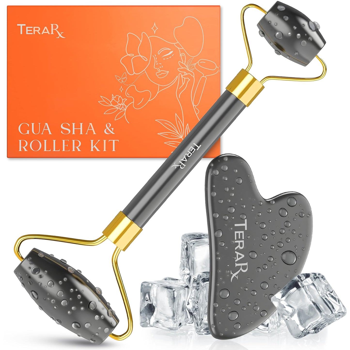 TeraRX Terahertz Gua Sha & Facial Roller Set – 100% Authentic Terahertz Stone Face Roller to Reduce Puffiness, Improve Wrinkle Lines & Relieve Facial Tension – Perfect for Eye Massage and Relaxation