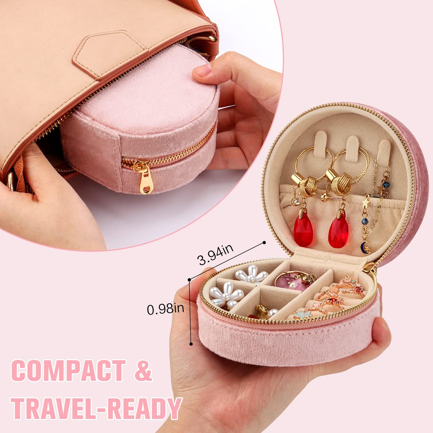 DesignSter Travel Jewelry Box - Velvet Mini Jewelry Organizer, Small Jewelry Case for Girls Women, Jewelry Storage Box for Rings Earrings Necklace (Circular, Lotus Pink)