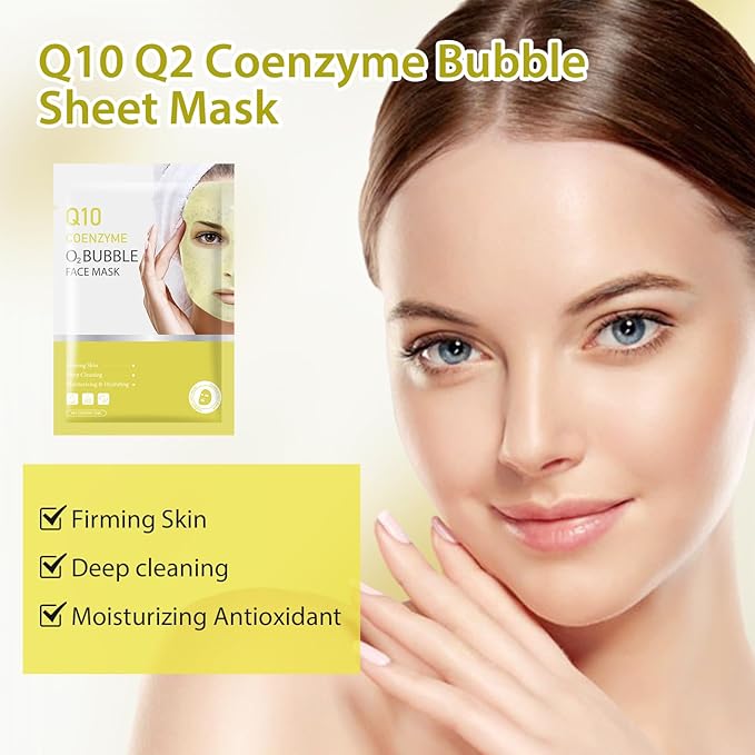 10 Sheets Coenzyme Q10 O2 Bubble Masks for Face, Bubble Face Mask Skincare for All Skin Types, Deep Cleansing Moisturizing Facial Mask Skin Care for Pores, Firming, Purifying, Sheet Masks for Spa