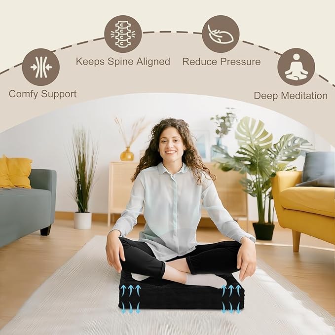 Wellsin Square Floor Pillows for Adults Kids - Meditation Floor Pillow Seating Cushion - Tufted Floor Cushion with Shredded Foam & Velvet Cover, 2 Pack, 20x20 Inch, Black