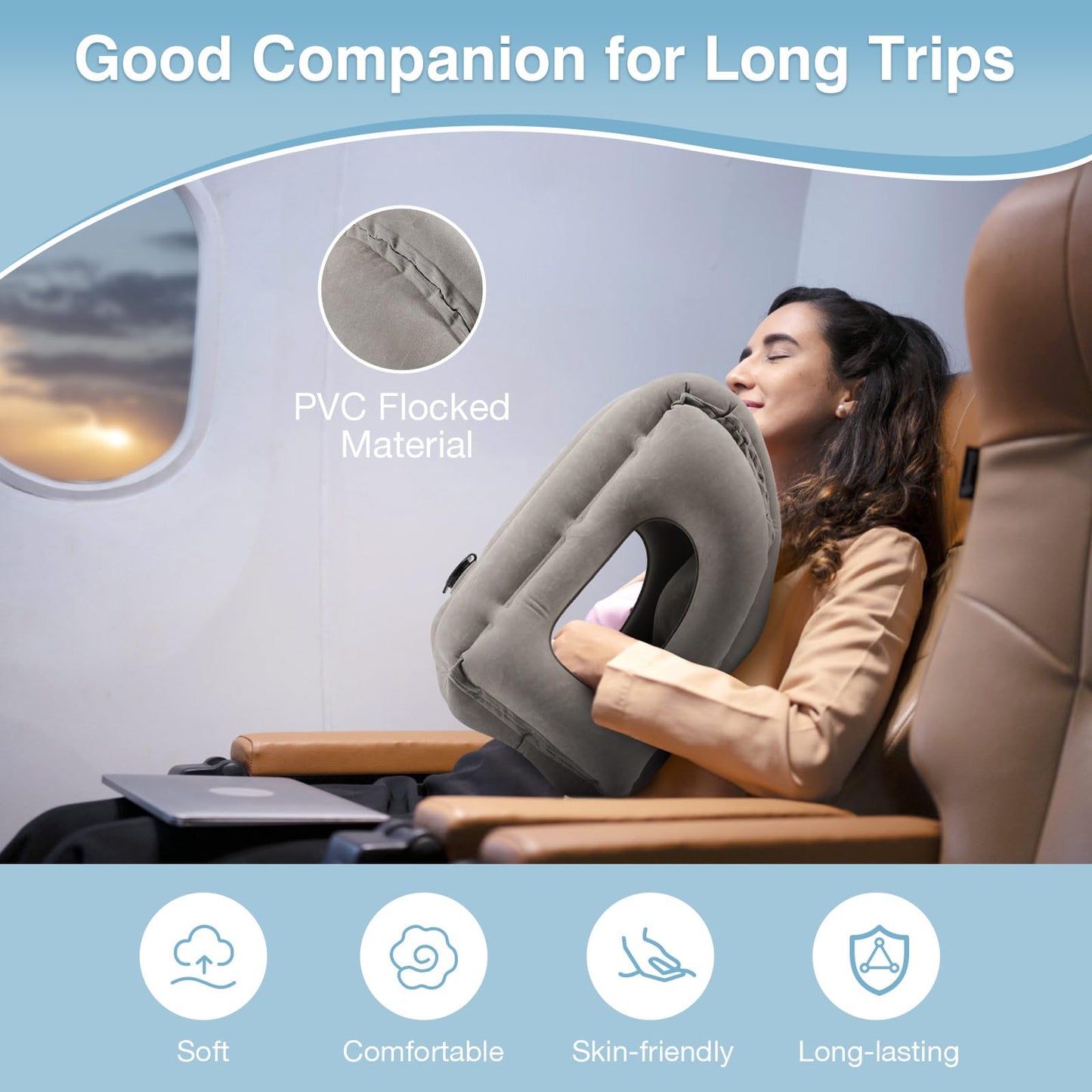 MoKo Inflatable Travel Pillow, Comfortable Neck Pillow with Storage Bag Support Shoulder and Neck to Avoid Pain for Airplane Train Office Car Travel Home, Gray