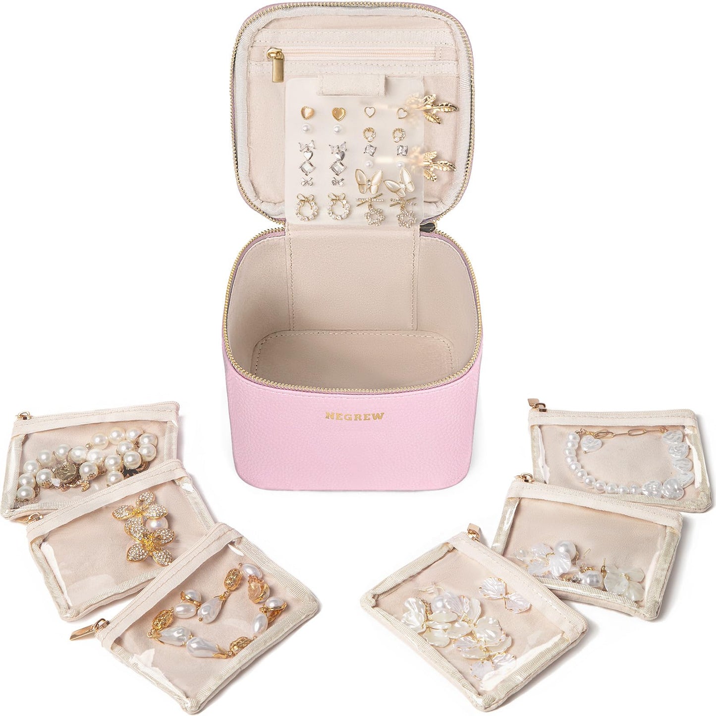 Travel Jewelry Box with 6 Pouches, Leather Jewelry Organizer Case for Women Girl for Necklace Earring Bracelet Ring, Jewelry Holder Organizer Box,Wedding Birthday Gift Idea