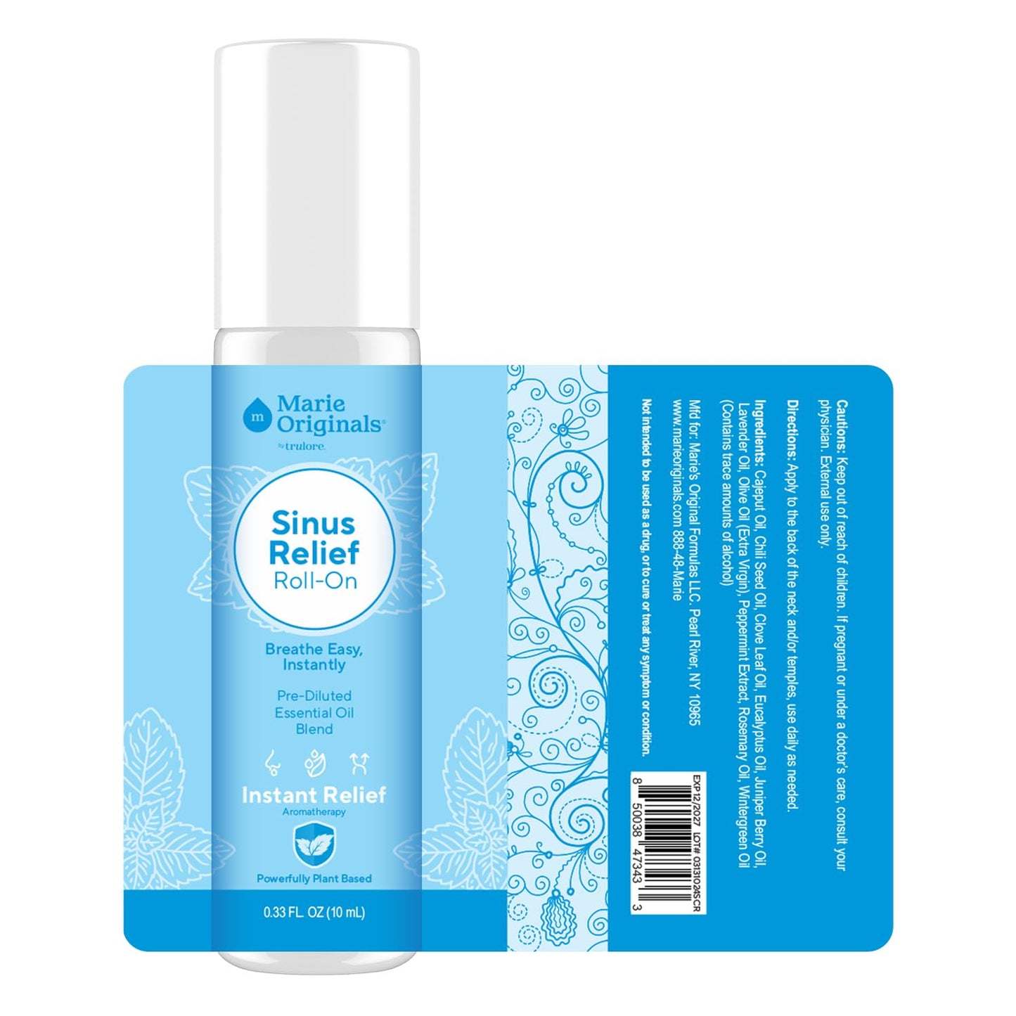 Marie Originals Breathe Blend Essential Oils Sinus Roll on | Natural Eucalyptus, Peppermint Lavender Essential Oil Roll on | Aromatherapy Support for Clear Breathing, Head Ease, Relaxation | 10 mL