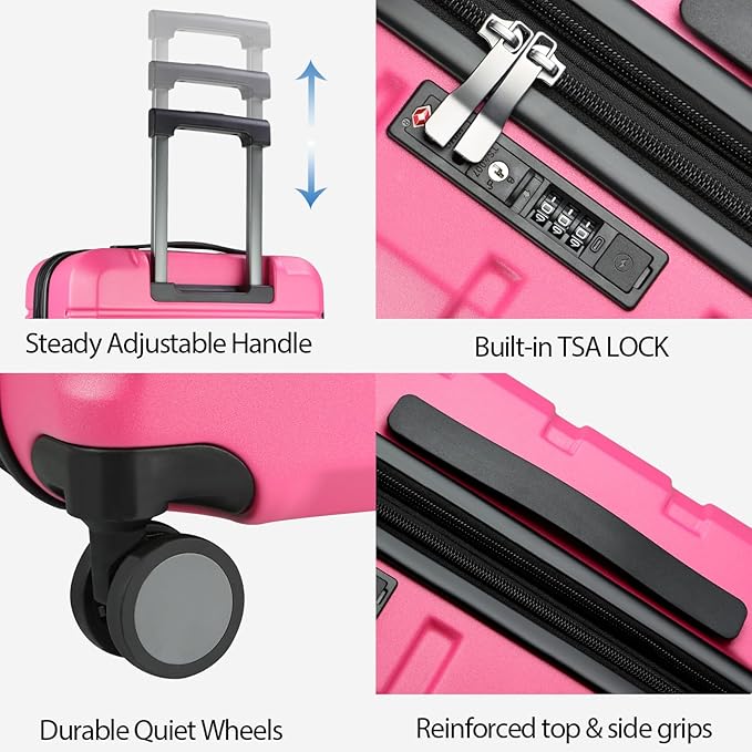 KROSER Hardside Expandable Carry On Luggage with Spinner Wheels & Built-in TSA Lock, Durable Suitcase Rolling Luggage with USB Port, Carry-On 20-Inch Magenta