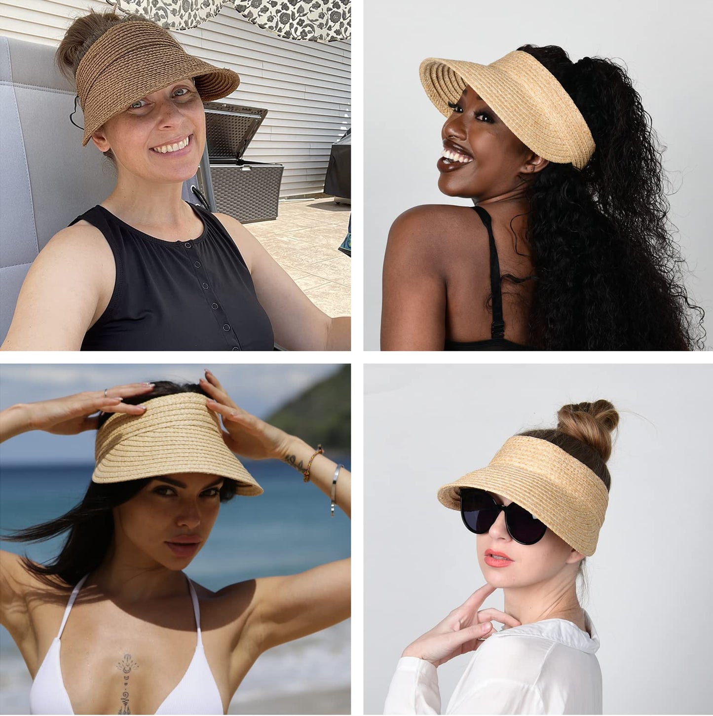 FURTALK Sun Visor Hats for Women Wide Brim Straw Visors Womens Foldable Beach Visors Summer Packable Ponytail Beach Hat Khaki