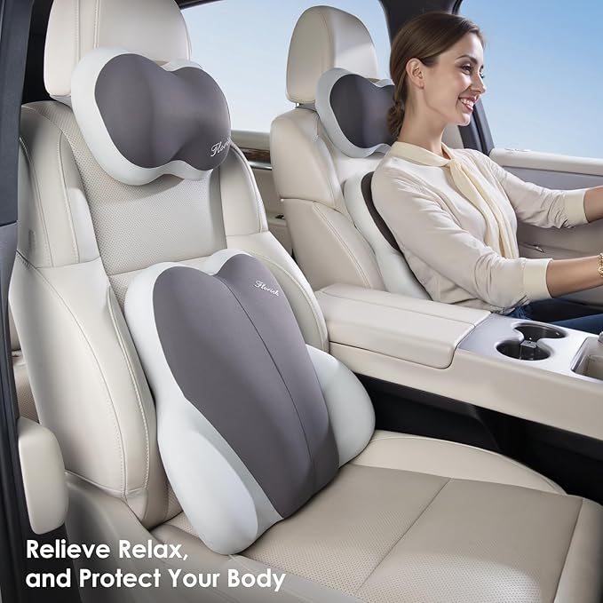 FLORICH Lumbar Support with Car headrest Back Pillow for Chairs Headrest Pillow for Car Ergonomic Ultrathick Memory Foam Back Pillow for Office Chair (Grey)