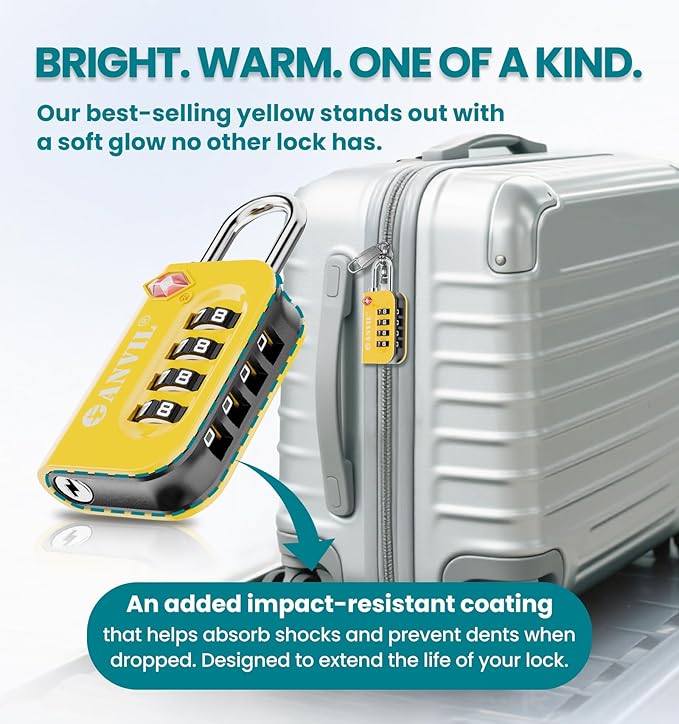 ANVIL TSA Approved Luggage Lock - 4 Digit Combination, 10,000 Combinations, Easy-Read Password Window, Travel Lock for Suitcases, Backpacks, Gym & Student Lockers, Baggage