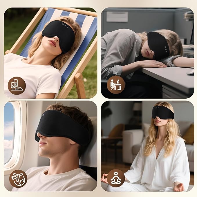 Sleep Eye Mask with Wireless Headphones - 29 Soothing White Noise Sounds, 3D Zero Pressure Bamboo Cotton Eye Maks for Women & Men, Blackout Sleeping Masks for Side Sleeper, Removable Eye Cover (Black)