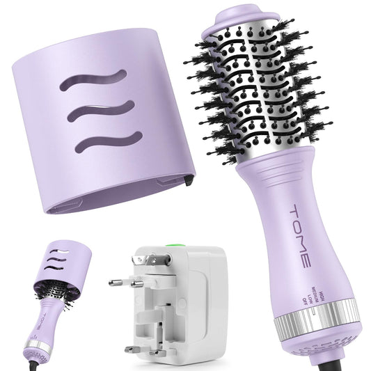 Tome Blow Dryer Brush with Protective Cover, Auto Dual Voltage Hair Dryer Brush(120-240V) with European Travel Adapter, Mini Size 2 Inch Hair Volumizer Brush for Travel (Purple)