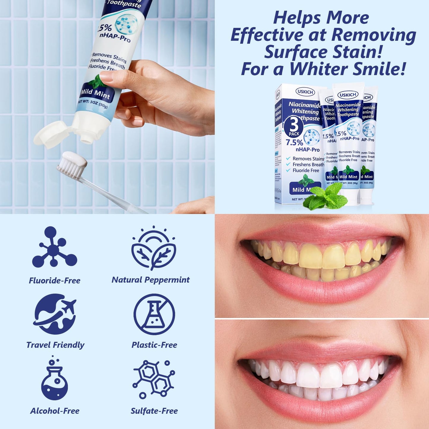 7.5% Nano-Hydroxyapatite Toothpaste,3 Pack Fresh Breath Whitening Toothpaste for Remineralizing Enamel & Sensitive Relief,Antiplaque,Natural Peppermint,Fluoride-Free