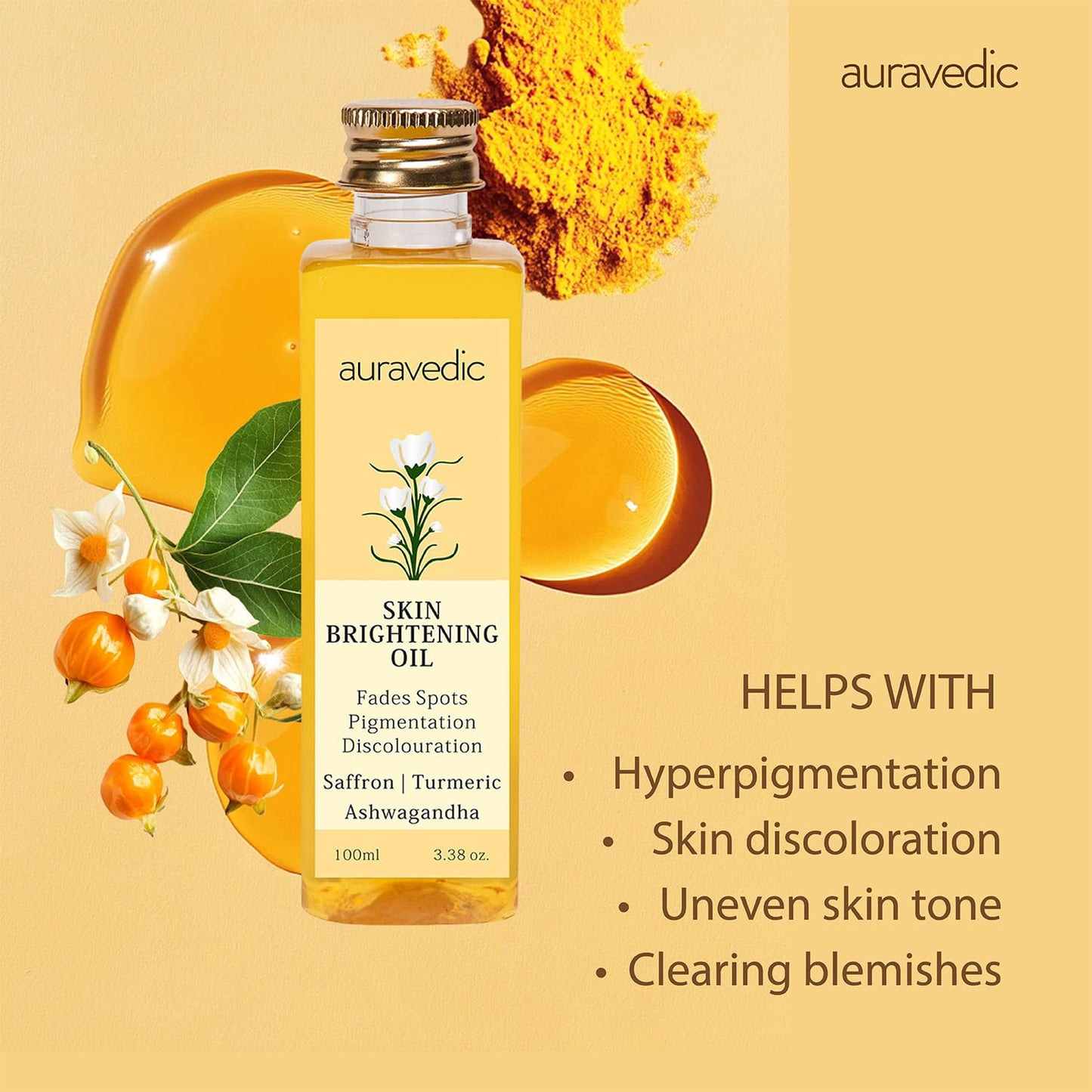 Auravedic Skin Oil for Radiant Skin | Face Massage Oil with Turmeric, Saffron & Ashwagandha | Suits Oily, Dry & All Skin Types | Organic & Natural | 3.38 Fl Oz (100ml)