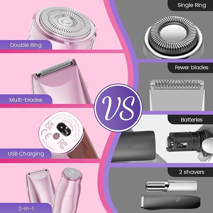 Bikini Trimmer for Women 2 in 1 Electric Razor for Women Face - Wet and Dry Electric Lady Shaver, Smooth Facial Hair Remover and Body Hair Trimmer for Bikini Leg Underarm Face Private Area, Pink