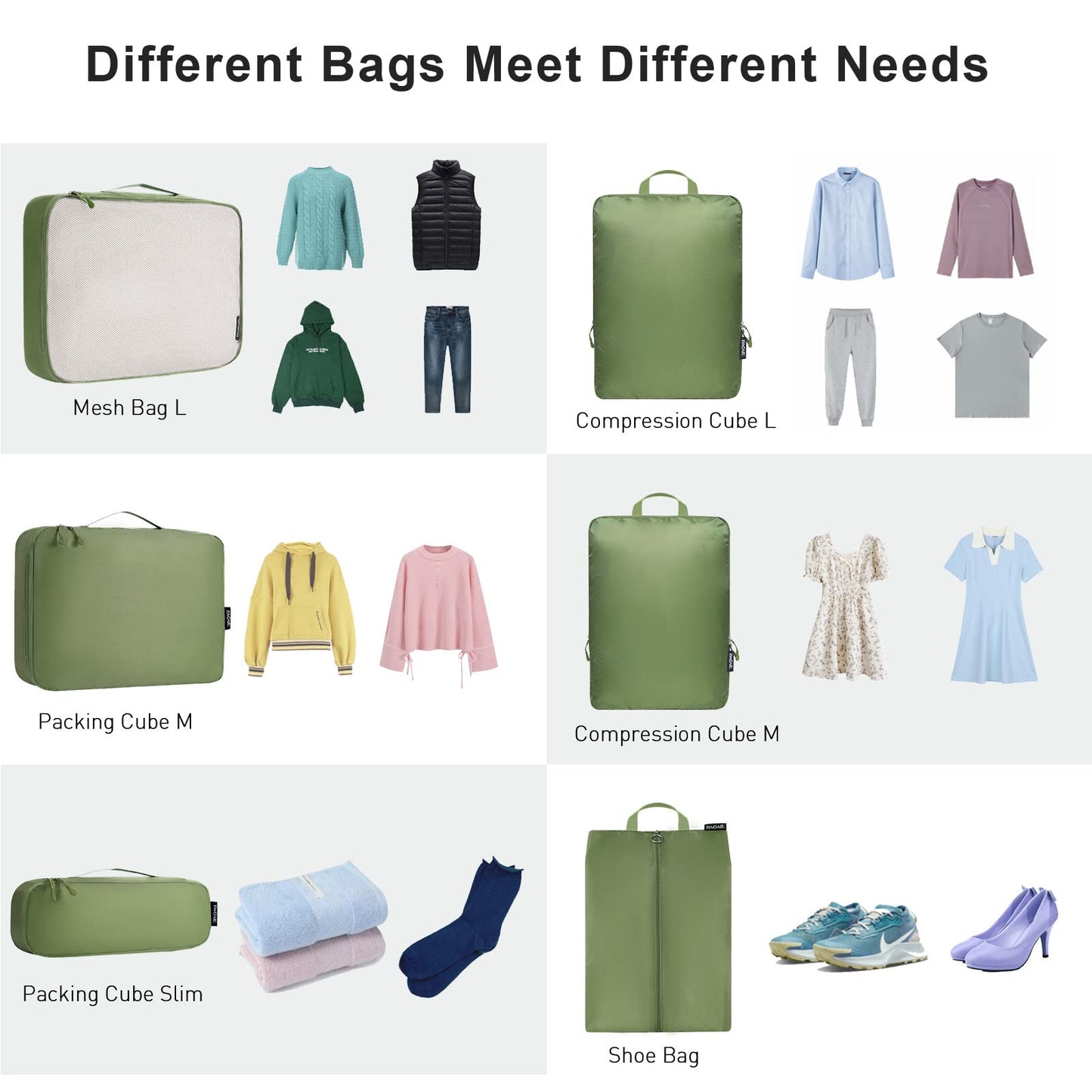 Bagail Ultralight Packing Cubes 7 Set, 3 Compression Packing Cubes 3 Packing Organizers With 1 Shoe Bag-Matcha