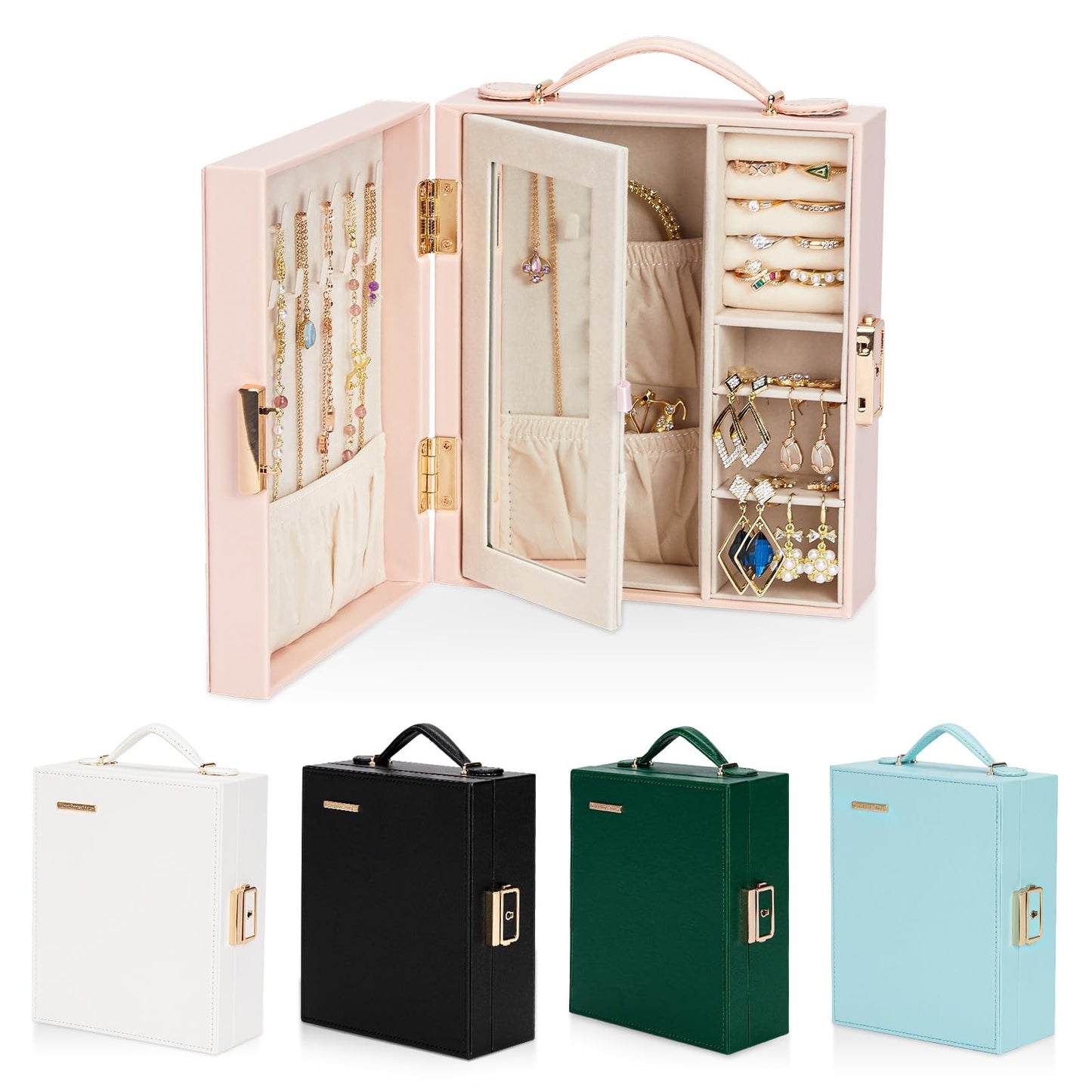 Enthralite Travel Jewelry Case, Essentials for vacation, Portable Bangle Box with Mirror, PU Leather Small Watch Organizer for Rings, Earrings, Necklaces, Bracelets (Light Pink)