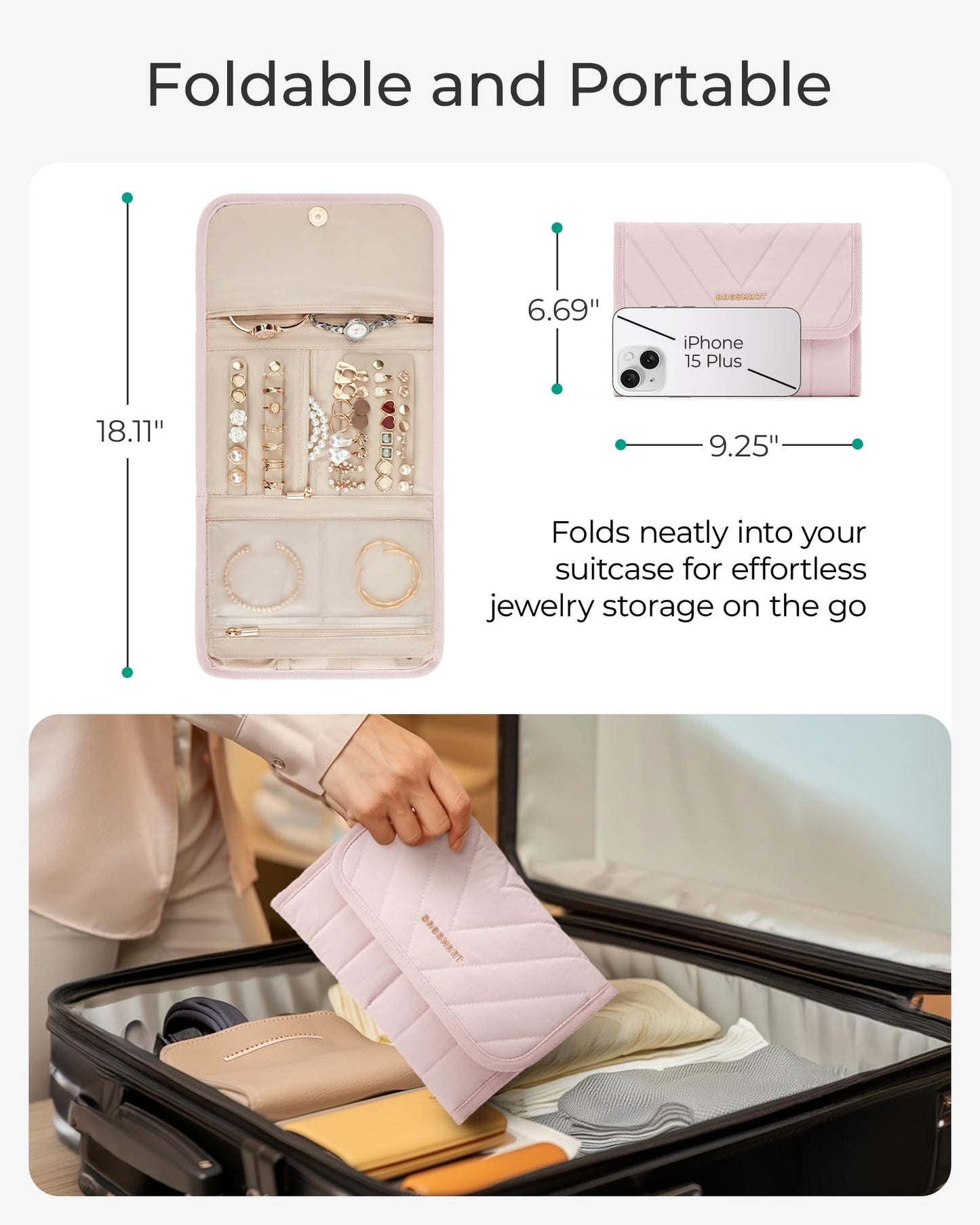 BAGSMART Travel Jewelry Organizer Case, Foldable Jewelry Roll for Necklaces, Earrings, Journey-Rings, Bracelets, Brooches, Portable, Pink