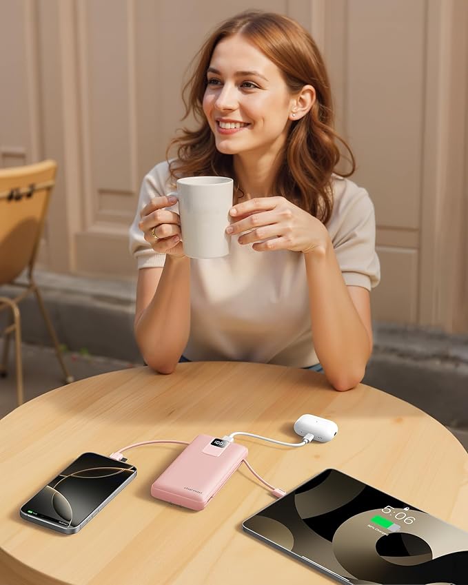 charmast 20000mAh Portable Charger with Wall Plug, Fast Charging Power Bank USB C, 20W PD Battery Pack with Built-in Cables Travel Essential for iPhone 16/15/14, Samsung, iPad More Devices (Pink)