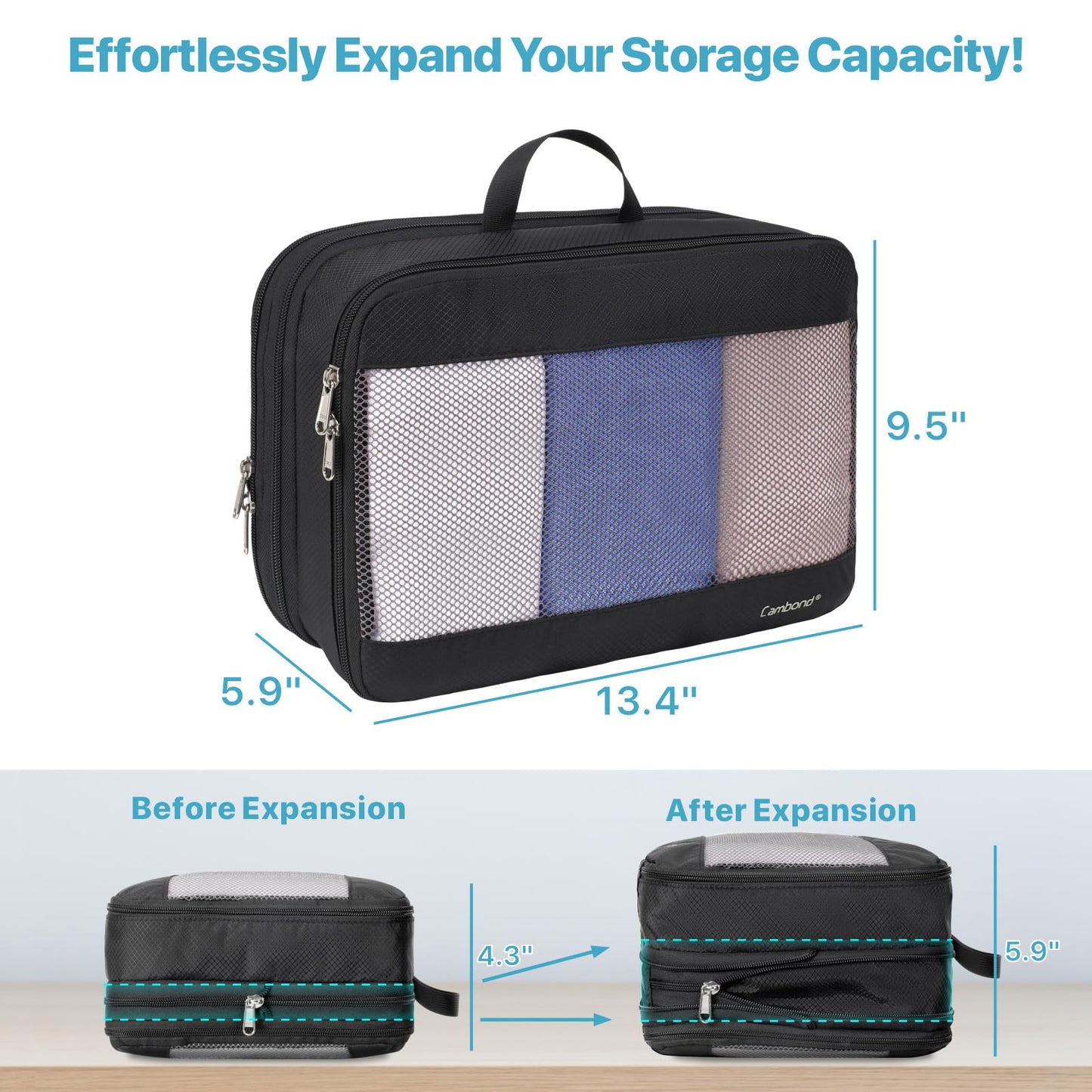 Cambond Double Sided Expandable Compression Packing Cubes - Separate Clean and Dirty Clothes See Through Mesh Compression Cubes for Travel, Efficient Packing Organizers for Road Trip, Cruise