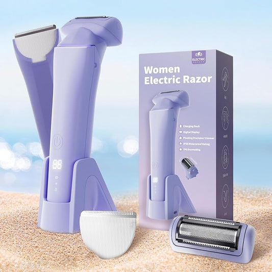 krofaue Womens Bikini Trimmer - 2-in-1 Double Blades Waterproof Womens Electric Shaver for Legs, Underarms, Bikini Line - Wet & Dry USB Rechargeable Bikini Razors for Women with LED Display