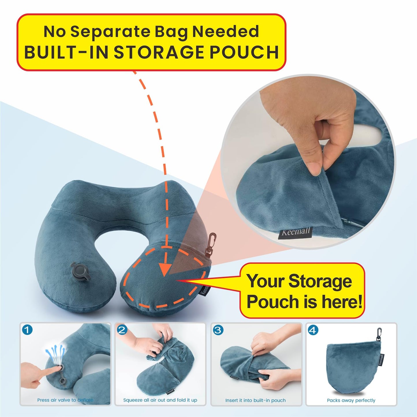 Keemall Inflatable Travel Neck Pillow for Airplane Sleeping Blow Up Neck Support Air Pillow Traveling on Plane Long Flights Washable