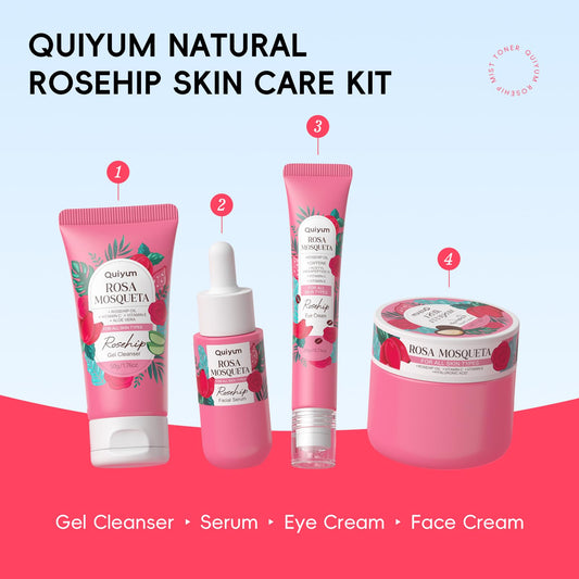 Quiyum Rosehip Skin Care Sets for Women, Nourishes, Resists Oxidation, Promotes Collagen Production, Refine skin texture, Enhances Skin Elasticity, Korean Style Skincare Gift Se, Travel Set 4PCS