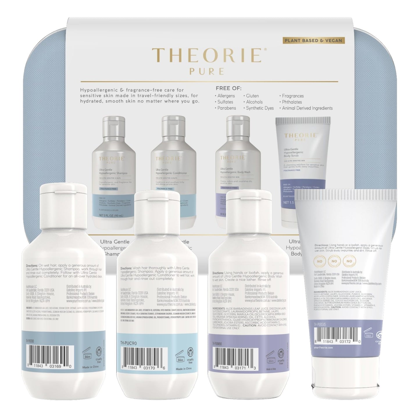 THEORIE PURE Travel Size Toiletries Set - Hypoallergenic Shampoo, Conditioner, Body Wash & Body Scrub - Fragrance-Free, No Sulfates or Parabens - Clean Beauty Essentials for Hair & Skin