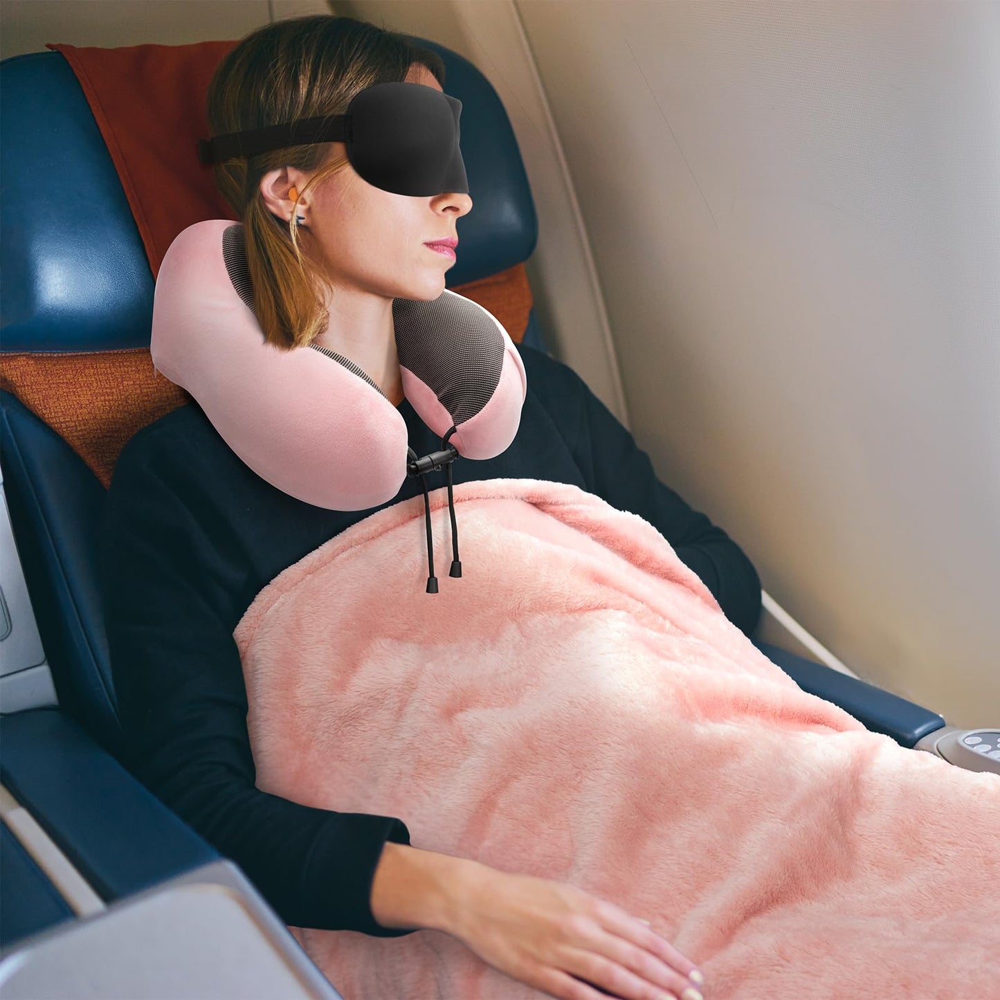 urnexttour Travel Pillow and Blanket Set Neck Pillows Travel Essentials with Sleep Mask for Airplane Car Memory Foam Pink