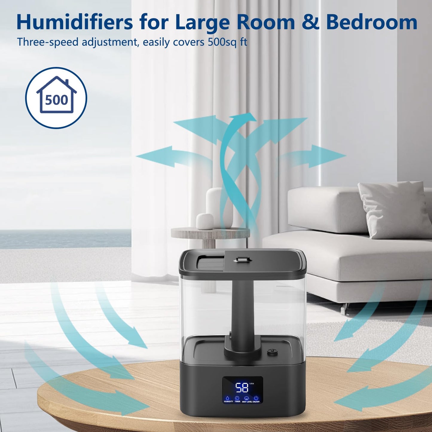KZF 4L Top Fill Humidifiers for Bedroom & 60H Runtime - Cool Mist Humidifier, 3 Mist Levels, 8H Timer, Essential Oil Tray, Humidity Display, Quiet for Bedroom, Baby, Plants, Large Room