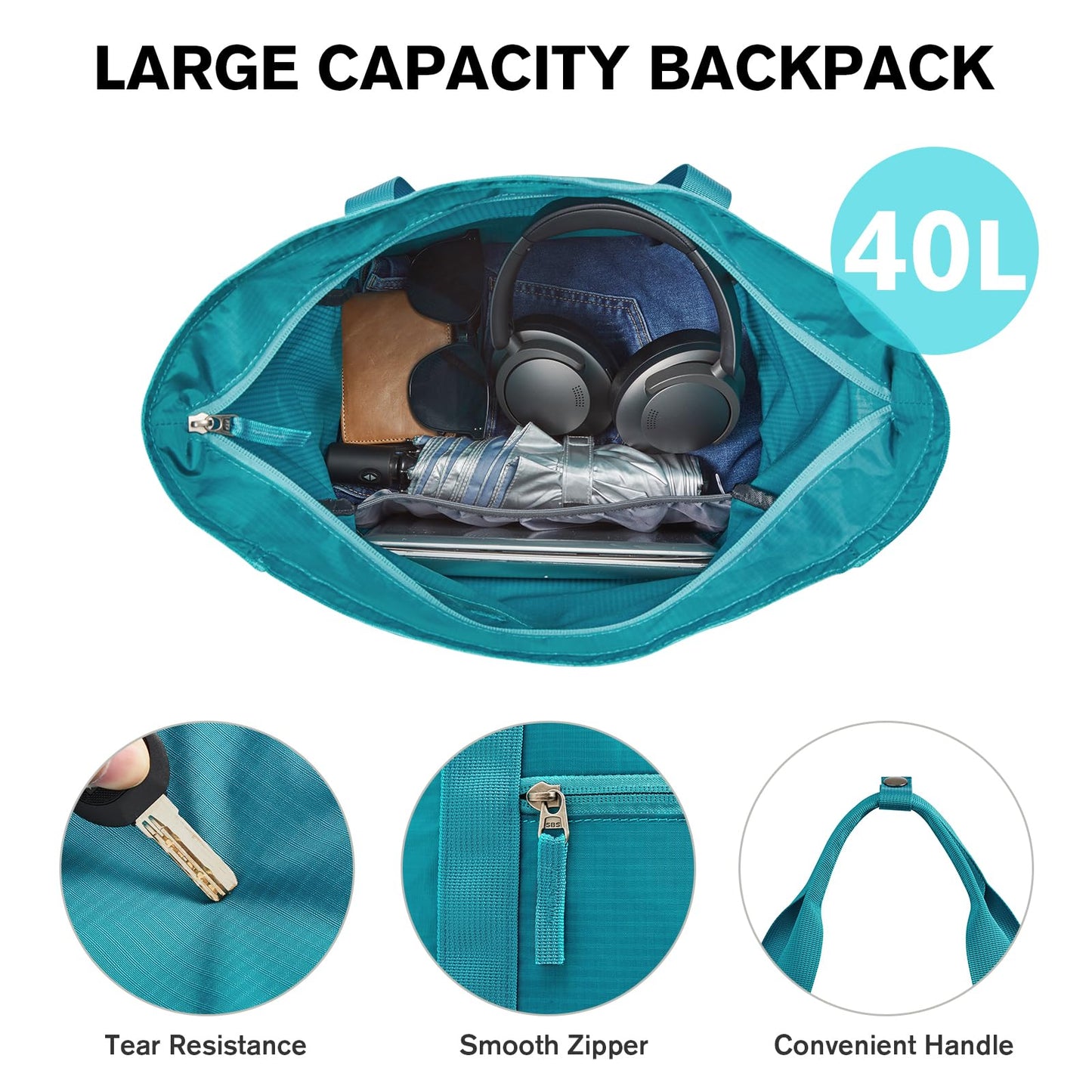 G4Free 40L Packable Backpack Waterproof Tote Bag Convertible Large Lightweight Hiking Backpack Travel Casual Daypack for Maen Women(Peacock Blue)