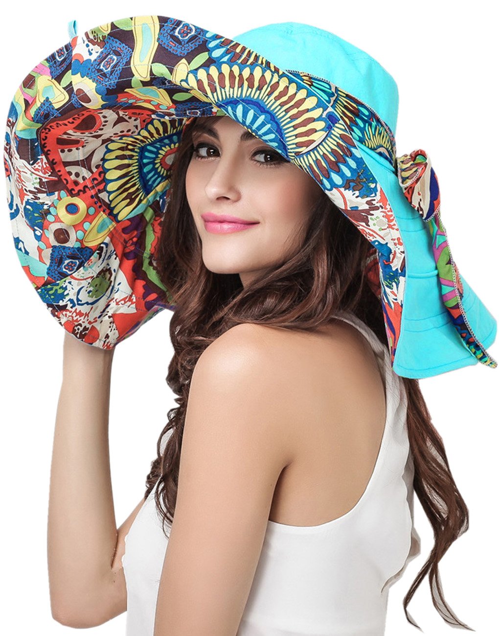 Women's Foldable Floppy Reversible Travel Beach Sun Visor Hat Wide Brim UPF 50+ Blue