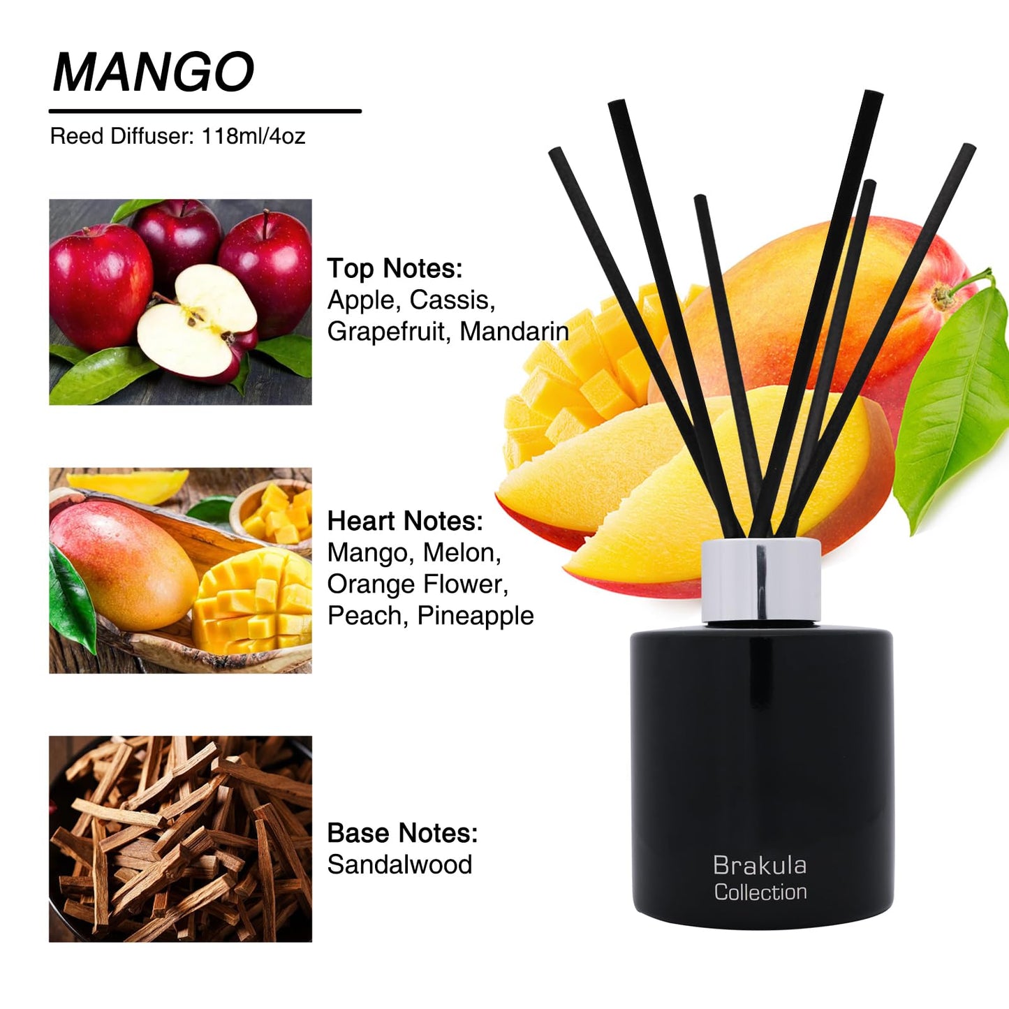 Brakula Reed Diffuser Set - Mango Scented Diffuser 4 fl.oz, 6 Sticks, 118ml for Home Fragrance and Bathroom Decor