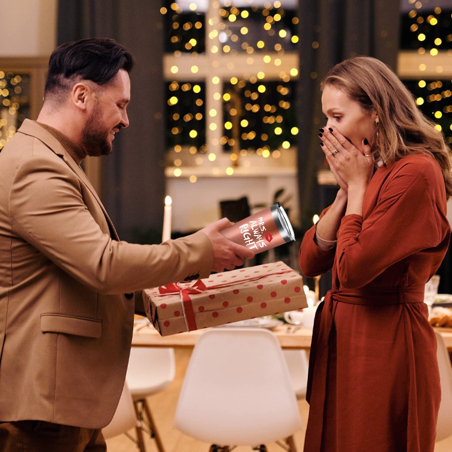 Qtencas Mr. Right Mrs. Always Right Travel Tumbler Set, Wedding Engagement Gifts for Husband Wife Newlywed Couples Bride Groom Anniversary, 20oz Stainless Steel Tumbler, Black and Rose Gold