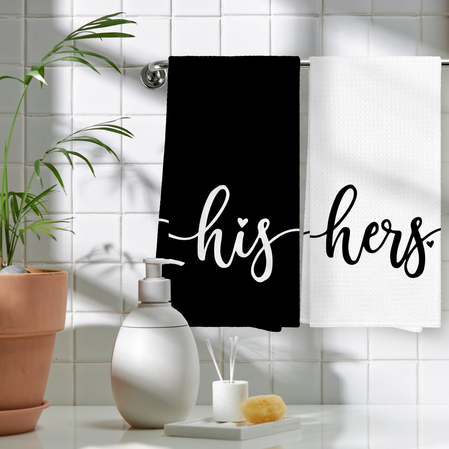 WAITPI His and Hers Valentines Day Bathroom Kitchen Towels Set of 2, His and Hers Gifts Hand Towels for Couple Bride Wedding Honeymoon, Black and White Decorative Tea Dish Towels for Kitchen 16x24in