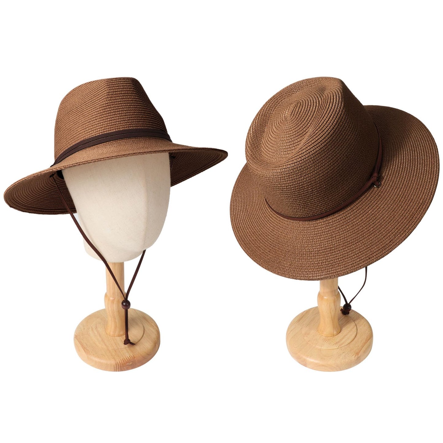 DRESHOW Womens Summer Straw Sun Hat Wide Brim Bucket Hats Fedora Hat Panama Beach Hat with Chin Strap UPF 50+