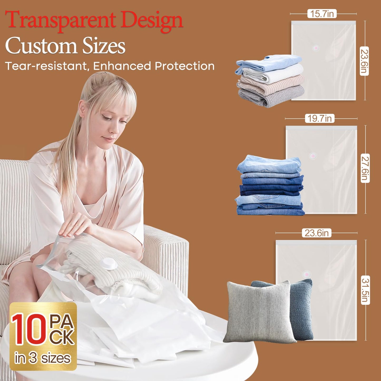 Vacbird Vacuum Storage Bags for Clothing Travel, 10 Pack Vacuum Bags with Wireless Charging Air Pump(2 Large+4 Medium+4 Small), Compression Packing for Clothes Blanket Suitcase Luggage