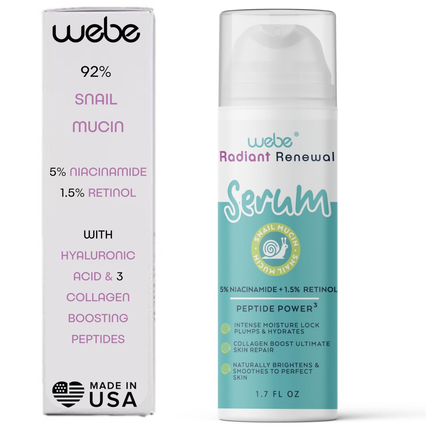 WEBE Naturals Snail Mucin Retinol 1.5% Radiant Renewal Serum | Niacinamide 5%, Vitamin C, Peptide Booster, Hyaluronic Acid & Zinc PCA | Anti-Aging Plumping Intense Moisture Lock, Glowing Smooth Skin