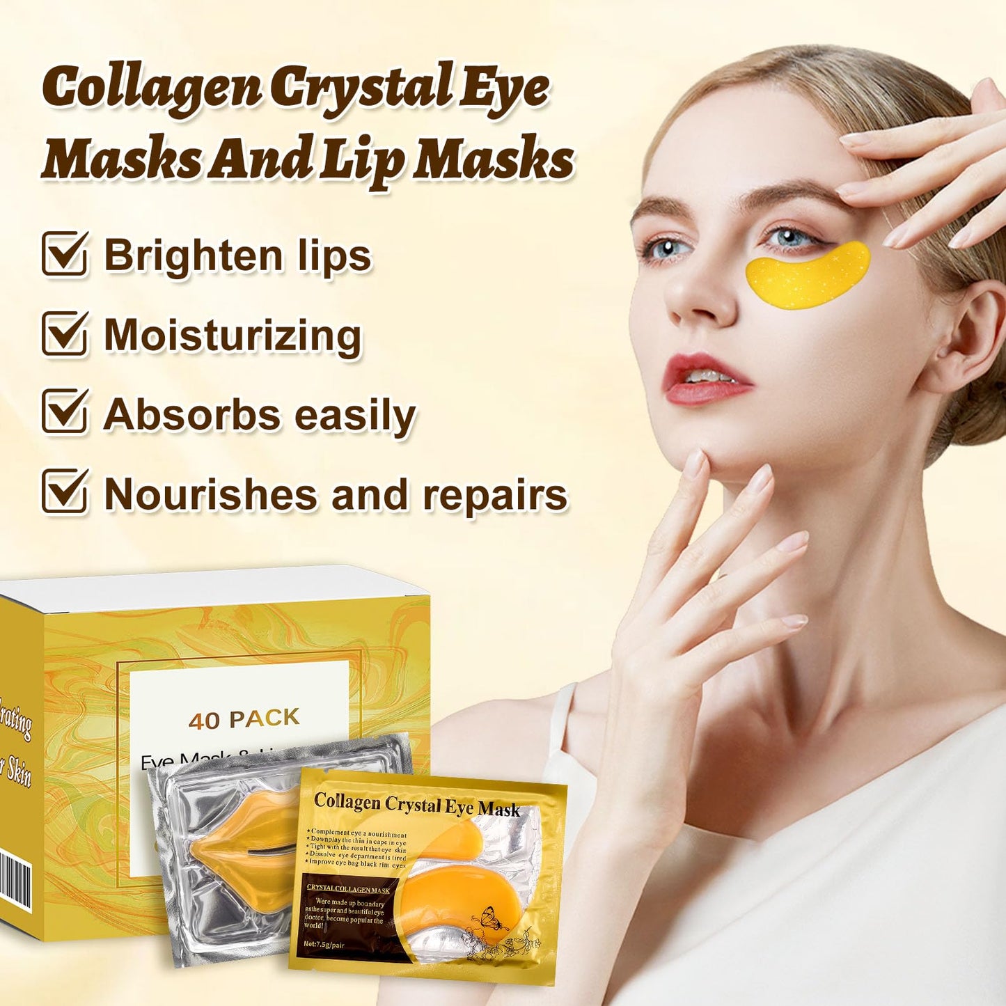 Yihurlm 40 Pcs Lip and Eye Mask Set,Collagen Lip Mask Sheet and Under Eye Patches,Gold Lips Masks Skincare,Gold Gel Crystal Collagen Eye Patches,Moisturizing Reducing Fine Lines & Dark Circle
