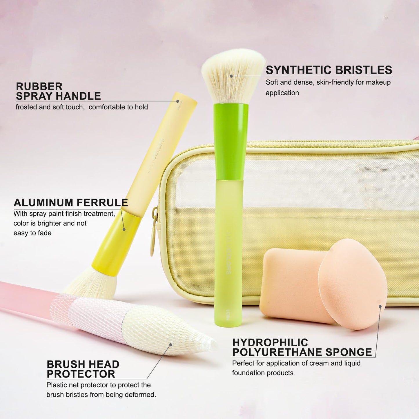 LULUCOLORS 18-Pcs Makeup Brush Set for Beginners - Travel-Friendly with Soft Arthritis-Friendly Handles & Non-Shedding Bristles | Includes Storage Bag, Eyeshadow Brushes & Sponges (Multi-Color)