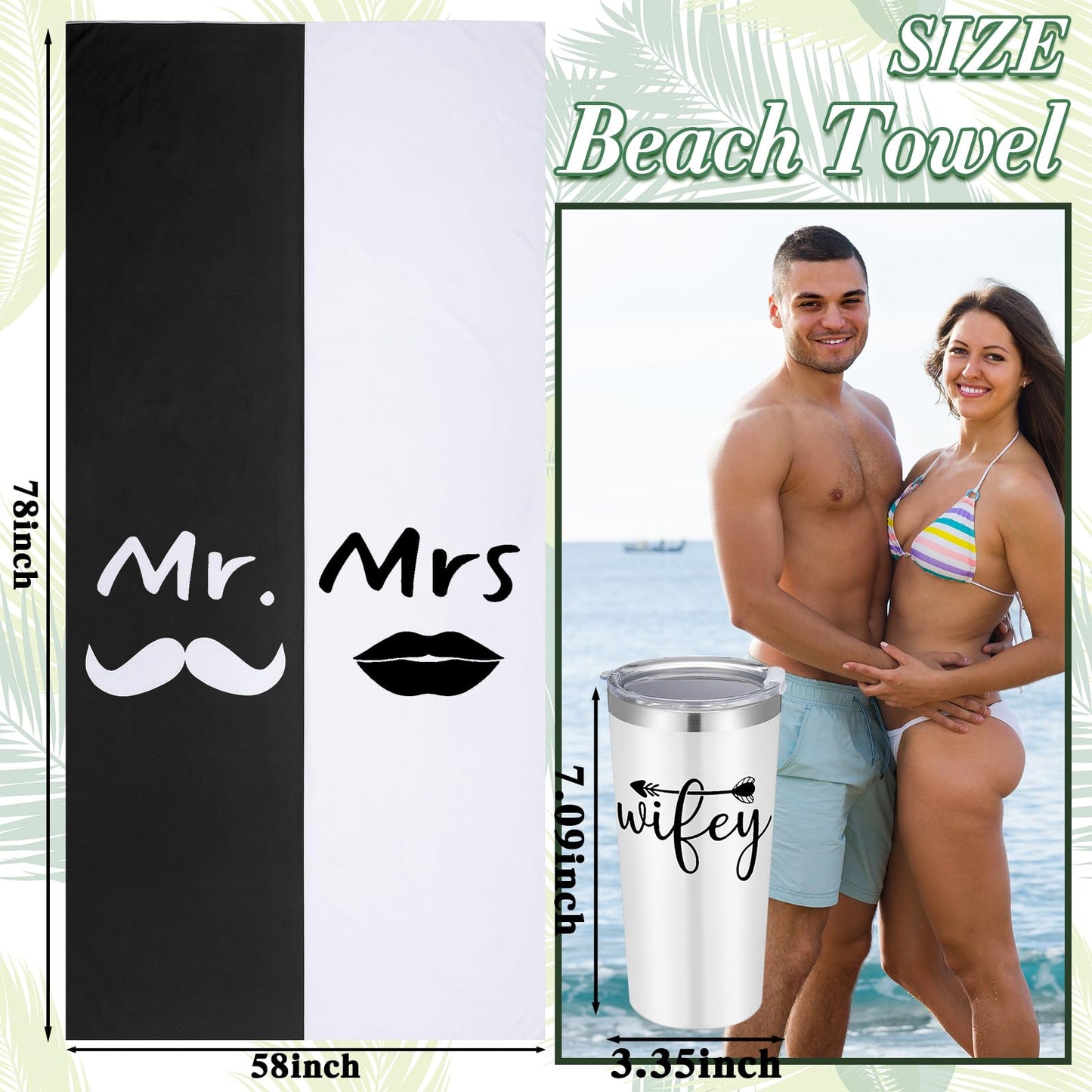 Rtteri 14 Pieces Wedding Gift Set for Couple - Mr & Mrs Honeymoon Gifts Include Wedding Towels, 20 oz Wine Tumbler, Hat, Passport Holder, Baggage Tag, Glass Bottle, Honeymoon Tote Bag