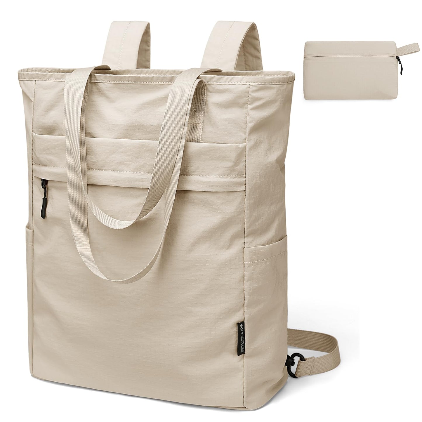 GOLF SUPAGS Foldaway Convertible Tote Backpack Lightweight Nylon Daypack for Women Men City Pack Versatile Backpack for Leisure Travel, Apricot