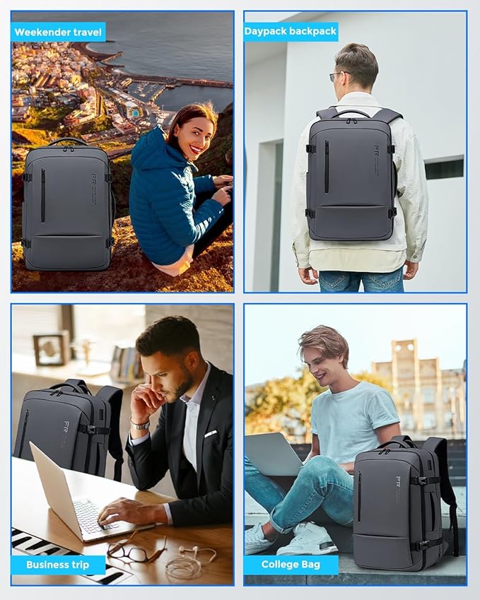 17.3 Inch Travel Laptop Backpack for Men, Water Resistant Carry On Backpack with USB Port, Expandable Computer Daypack, Grey Business Backpack for College/Work