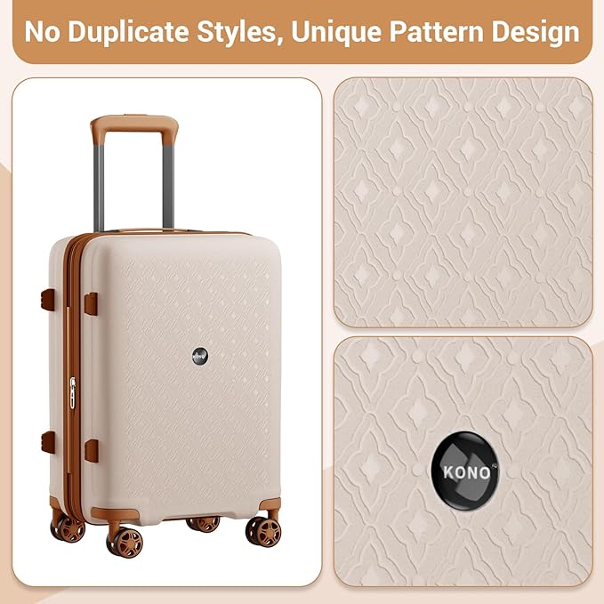 Kono Expandable 24 Inch Hard Shell Travel Luggage, Large capacity for easy travel, Hidden Cup Holder & TSA Lock Lightweight Suitcase - Cream/Brown